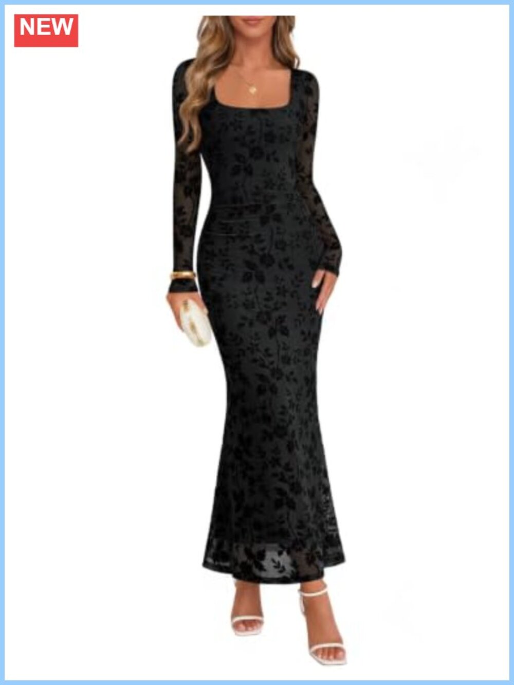Flocked Mesh Floral Square Neck Long Sleeve Maxi Dress Wedding Guest Cocktail